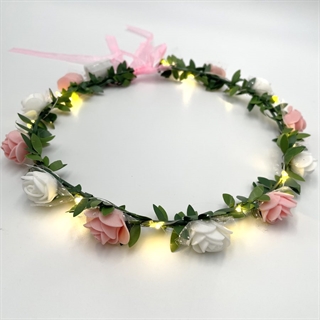LED blomsterkrans hårbånd med hvide og lyserøde blomster